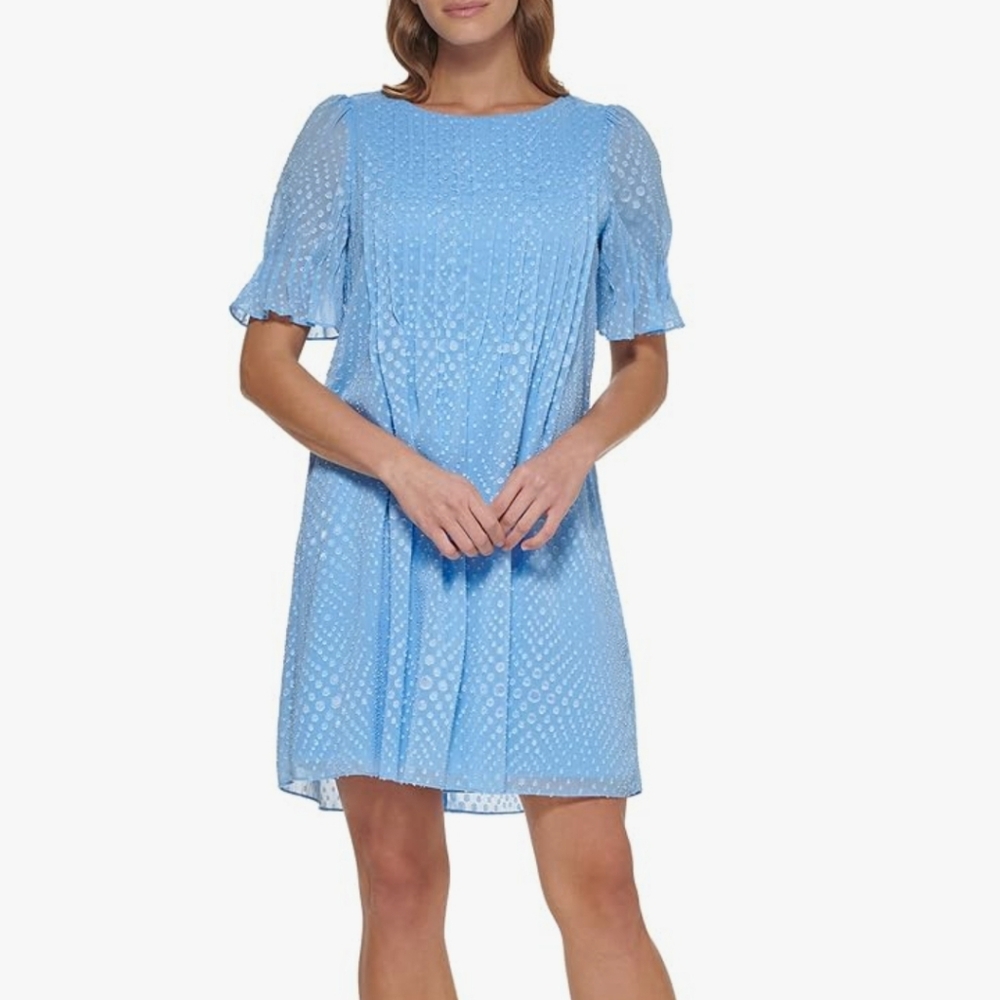 DKNY,NWT, Women's Pleated Front Cinch Sleeve Flowy Dress,Size 4,Zelda Blue